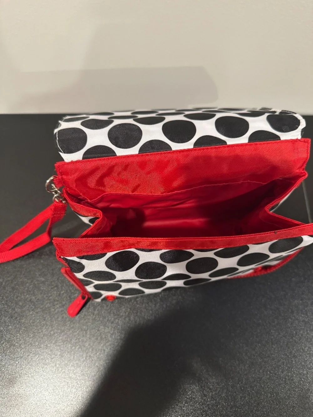 Polka dot with red trim zipper bag